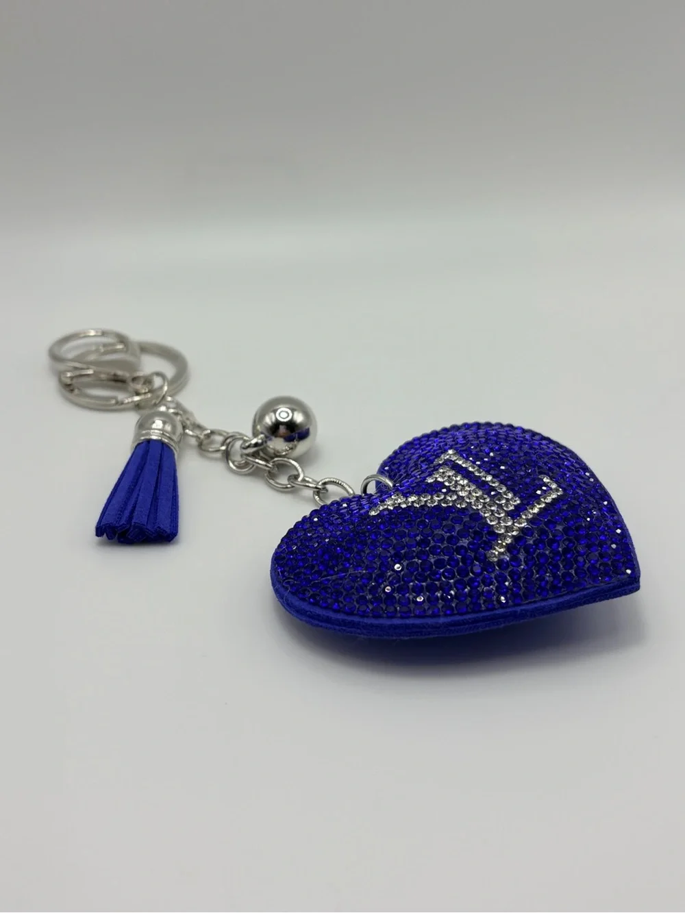 Royal Blue Crystal Heart Keychain with Silver Hardware